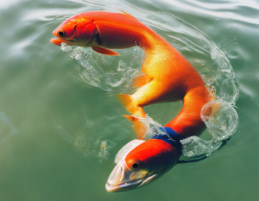 Vibrant orange fish leaping in shimmering green water