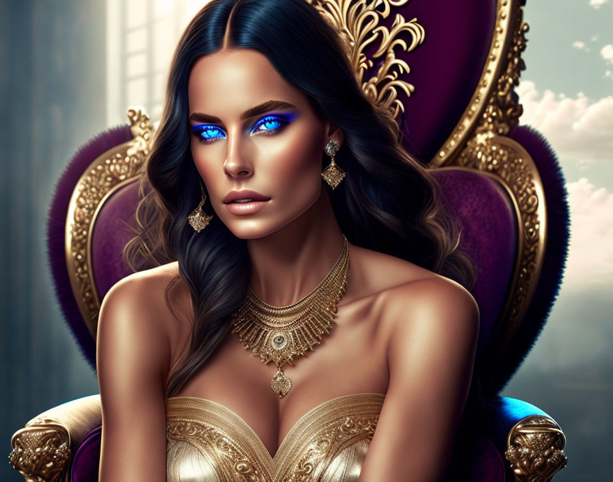 Portrait of Woman with Striking Blue Eyes and Golden Jewelry in Purple Chair