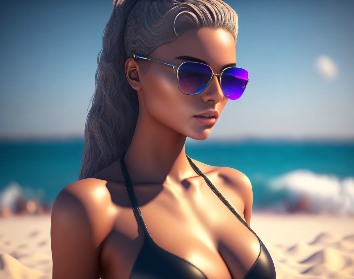 Stylized 3D-rendered image of woman with silver hair in sunglasses and black swimsuit