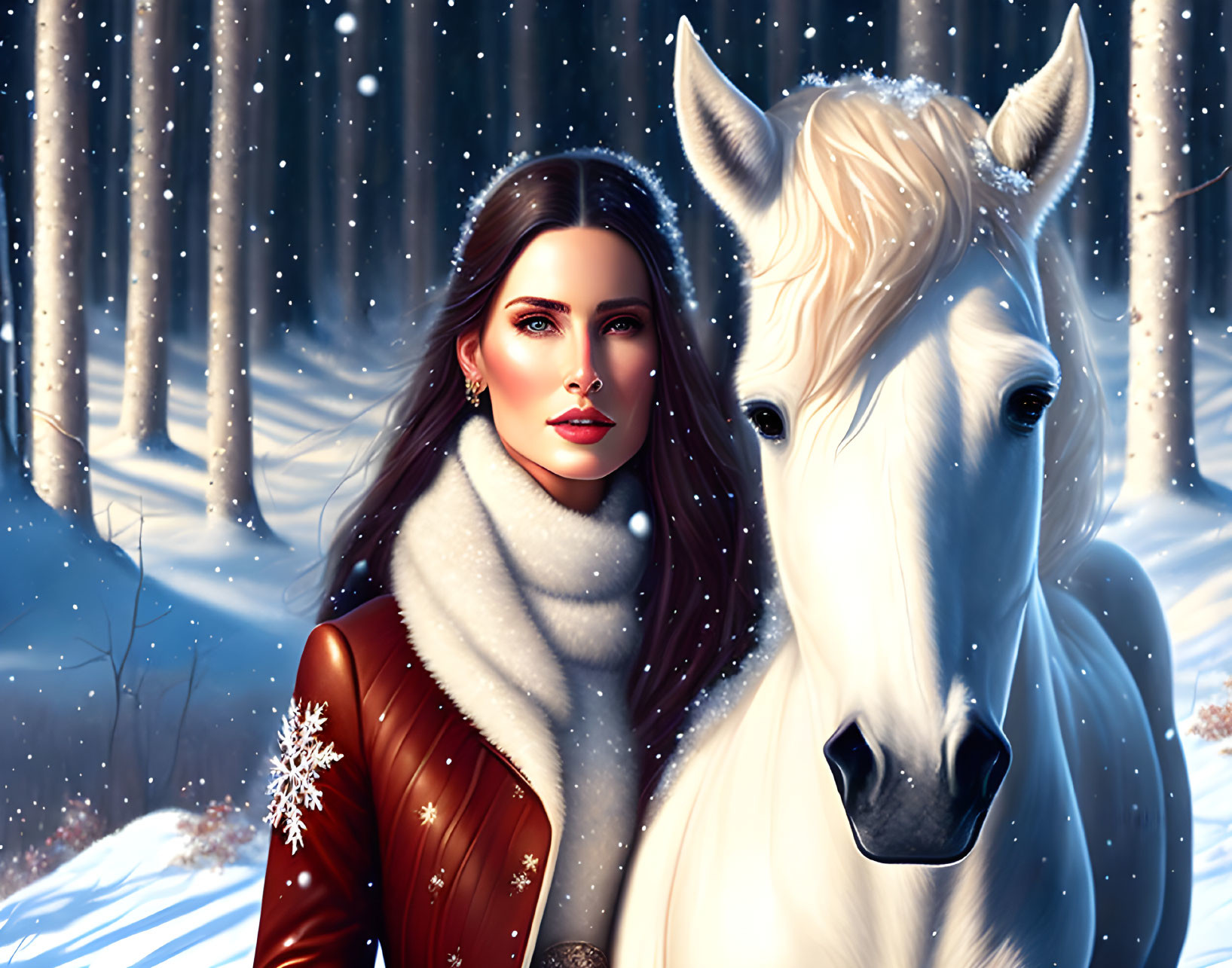 Woman and white horse in snowy forest, both looking ahead, woman in fur winter coat.