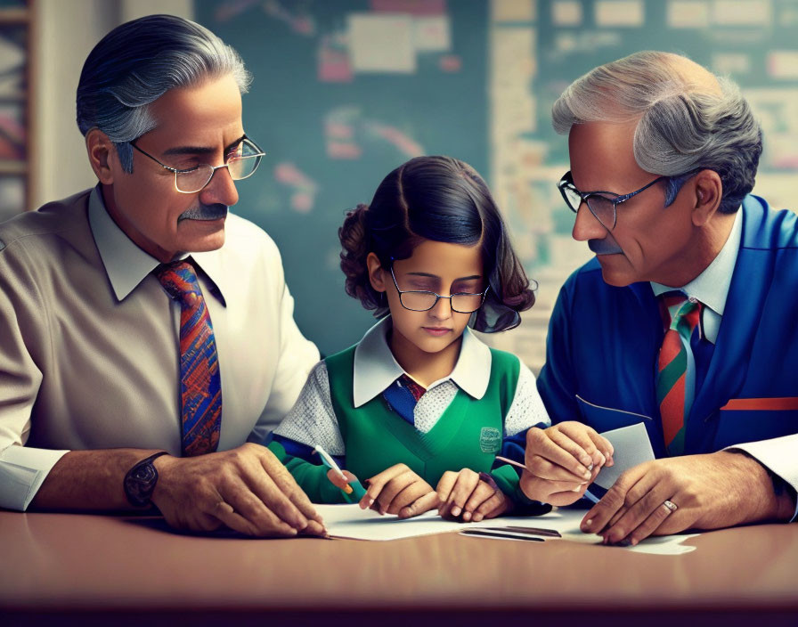 Young girl in school uniform studying with two elderly men in warm indoor setting