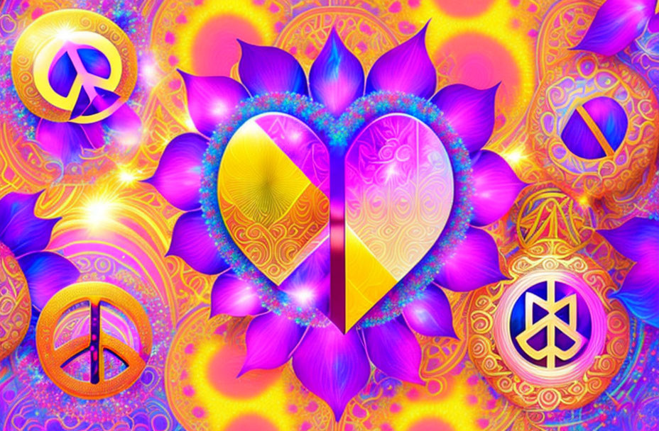 Colorful Psychedelic Artwork: Heart Shape, Peace Symbols, Floral Motifs