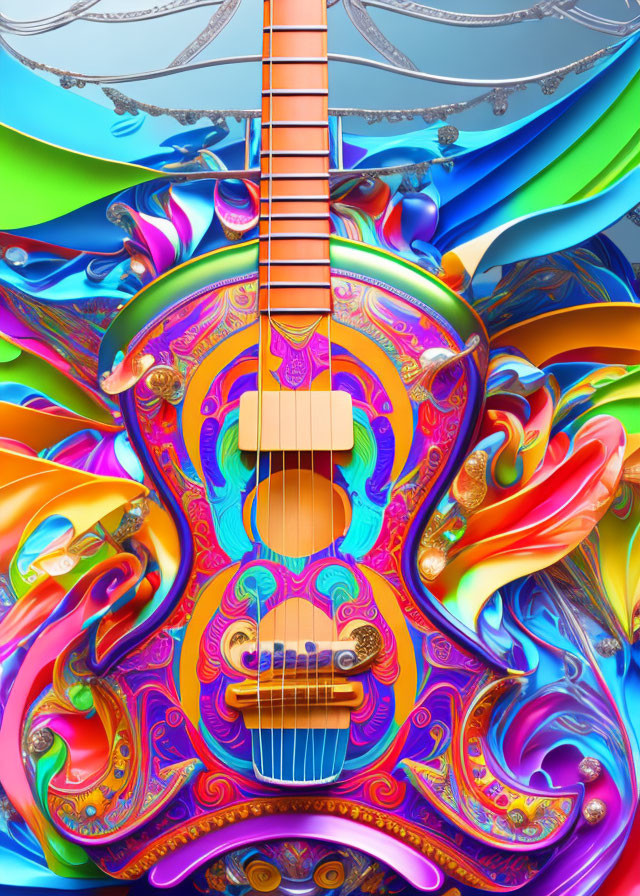 Colorful Psychedelic Guitar Illustration on Blue Background