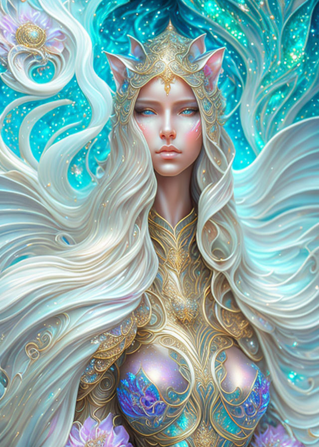 Fantasy illustration of female figure in ornate armor with white hair and celestial backdrop