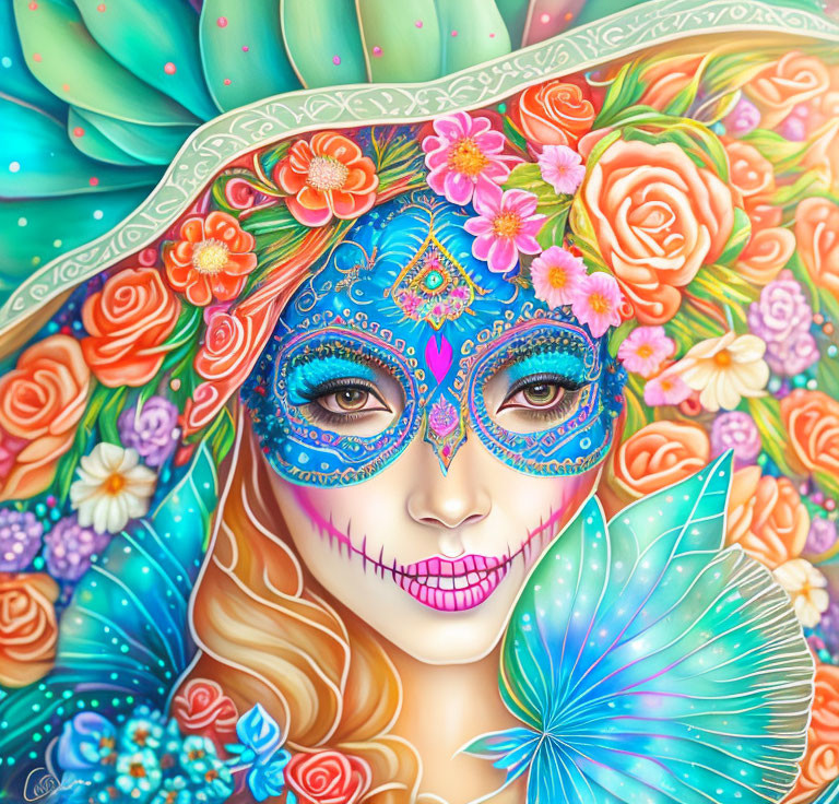 Colorful Day of the Dead Woman Illustration with Flowers and Butterfly