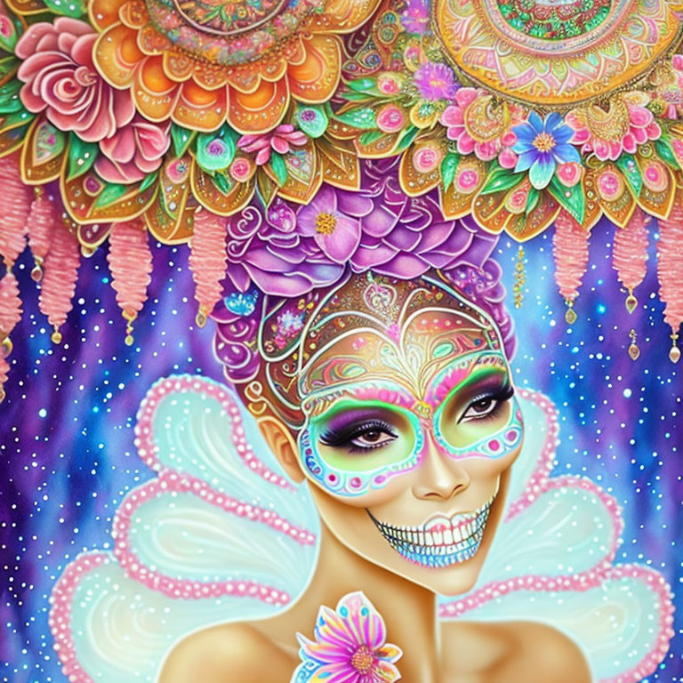 Colorful illustration of a smiling woman with intricate face paint and floral adornments on cosmic background.