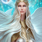 Fantasy illustration of female figure in ornate armor with white hair and celestial backdrop