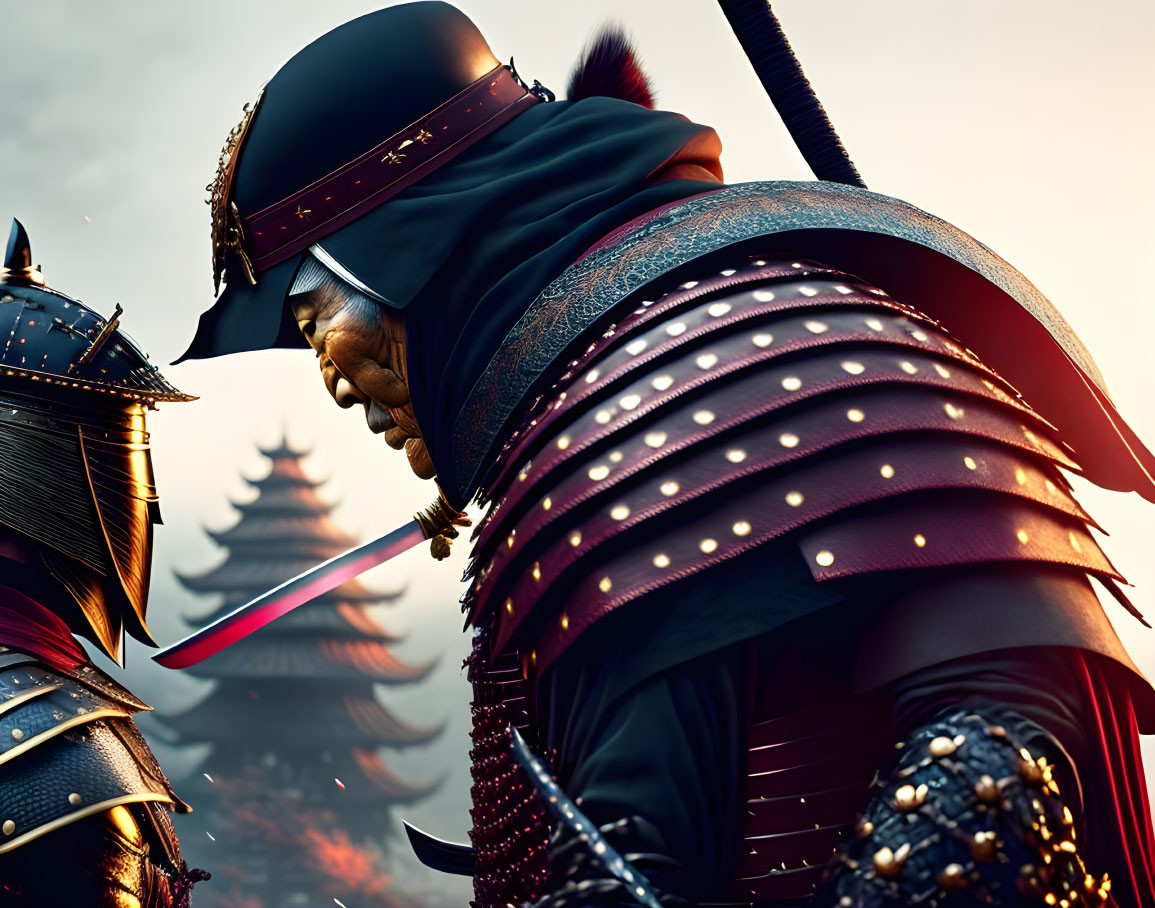 Samurai warriors in traditional armor with drawn swords at dusk