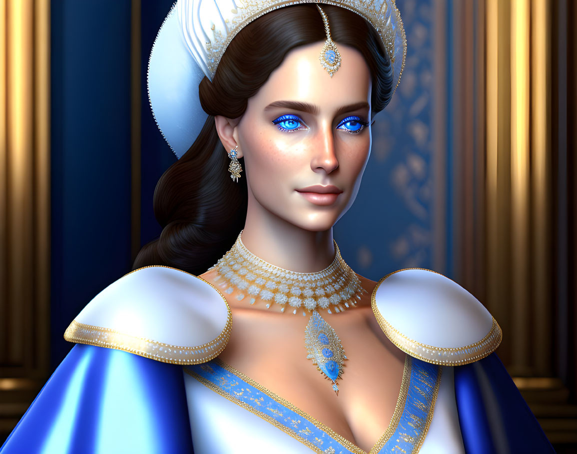 Portrait of a woman with blue eyes in regal attire & pearl necklace