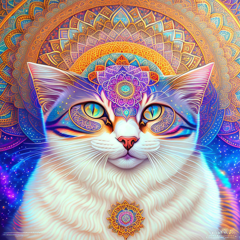 Colorful Psychedelic Cat with Mandala Patterns on Cosmic Background