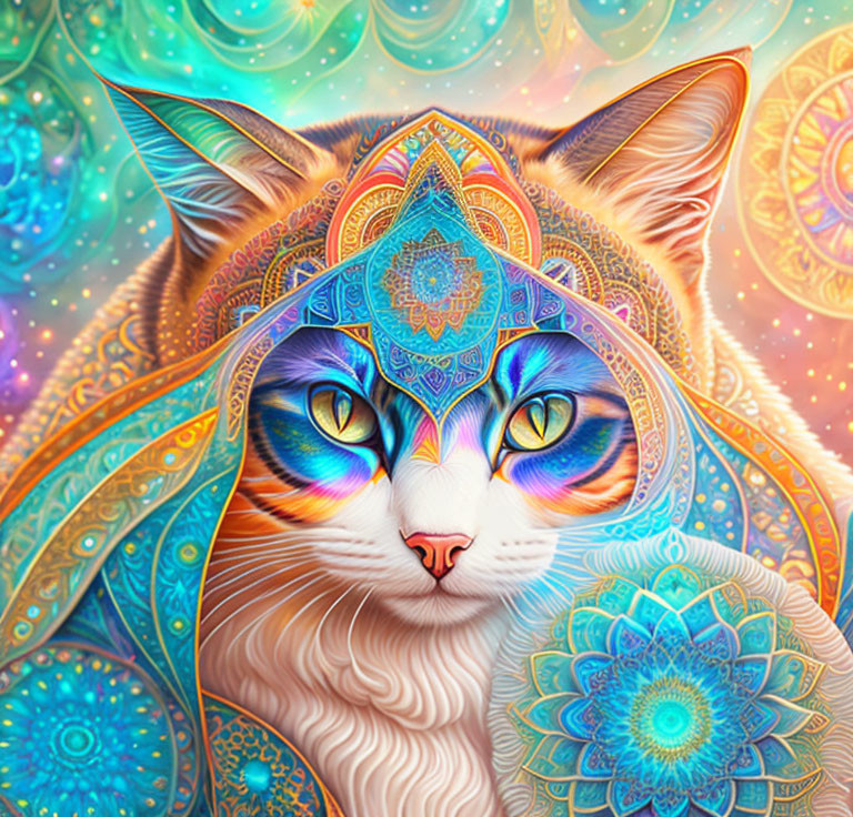 Colorful Mandala Cat Artwork with Blue Eyes