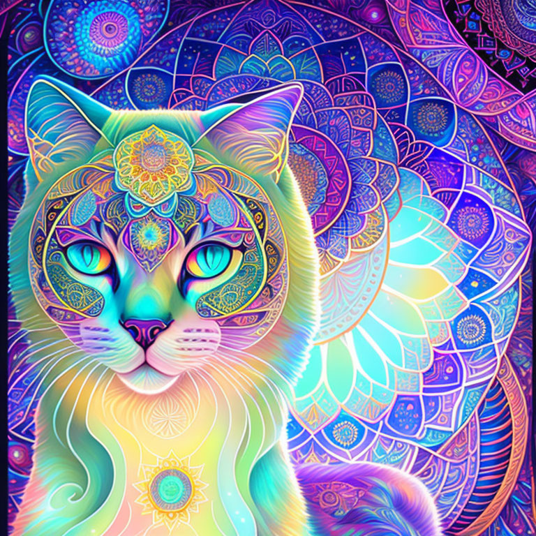 Colorful Digital Artwork: Cat with Mandala Patterns