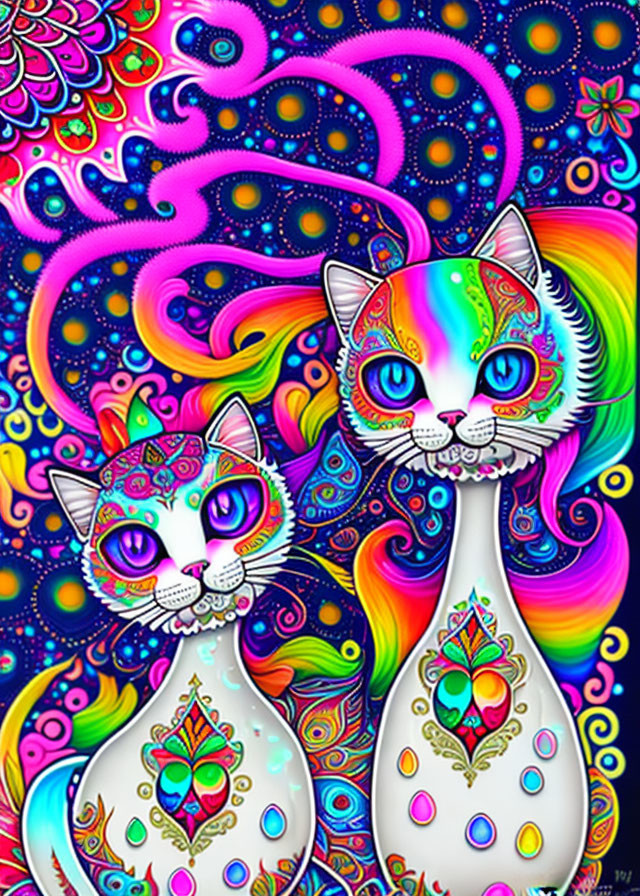 Colorful Psychedelic Patterned Cats on Multicolored Background