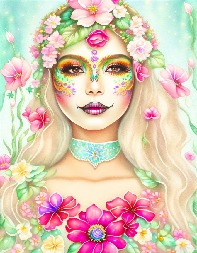 Vibrant floral-themed makeup and headdress on a woman with pink flowers in blonde hair