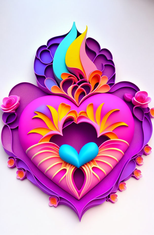 Colorful 3D paper art of purple heart with floral patterns on white background