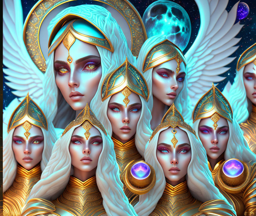 Ethereal beings with white wings and golden armor in cosmic scene