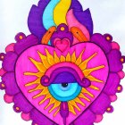 Colorful 3D paper art of purple heart with floral patterns on white background