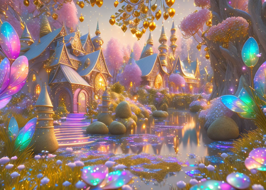 Enchanting village with glowing trees, sparkling flowers, and golden lanterns