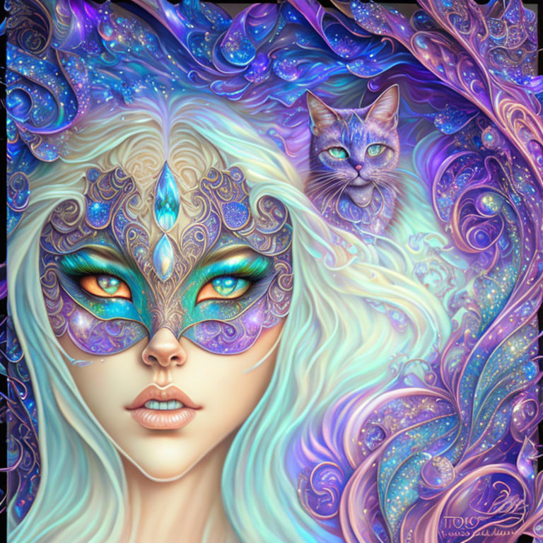 Colorful digital artwork: Woman with green eyes and mask, purple cat, iridescent backdrop