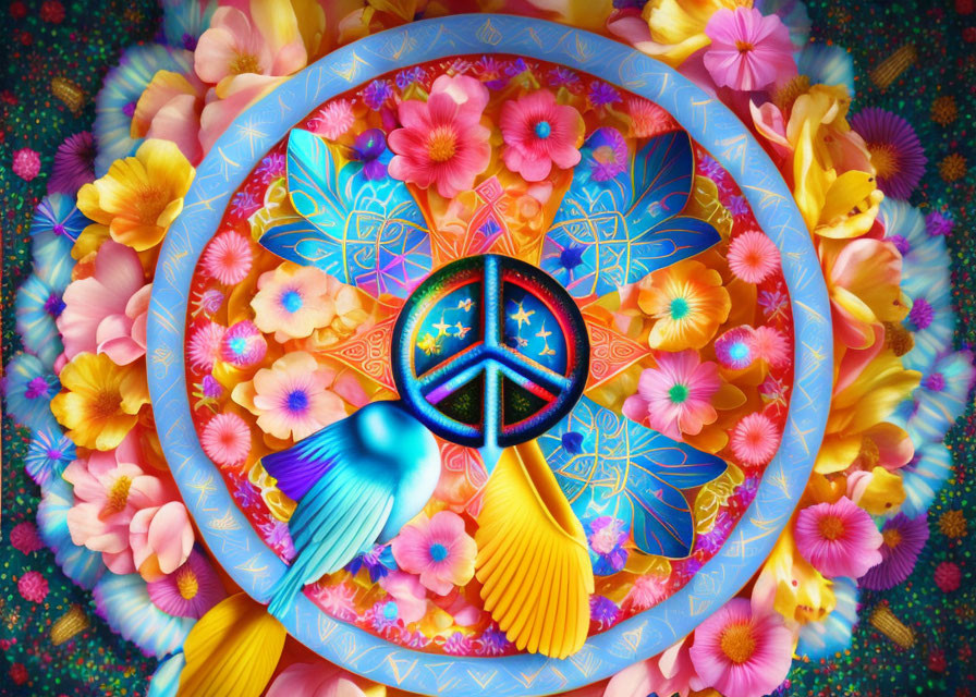 Colorful Mandala with Peace Symbol, Flowers, and Hummingbirds