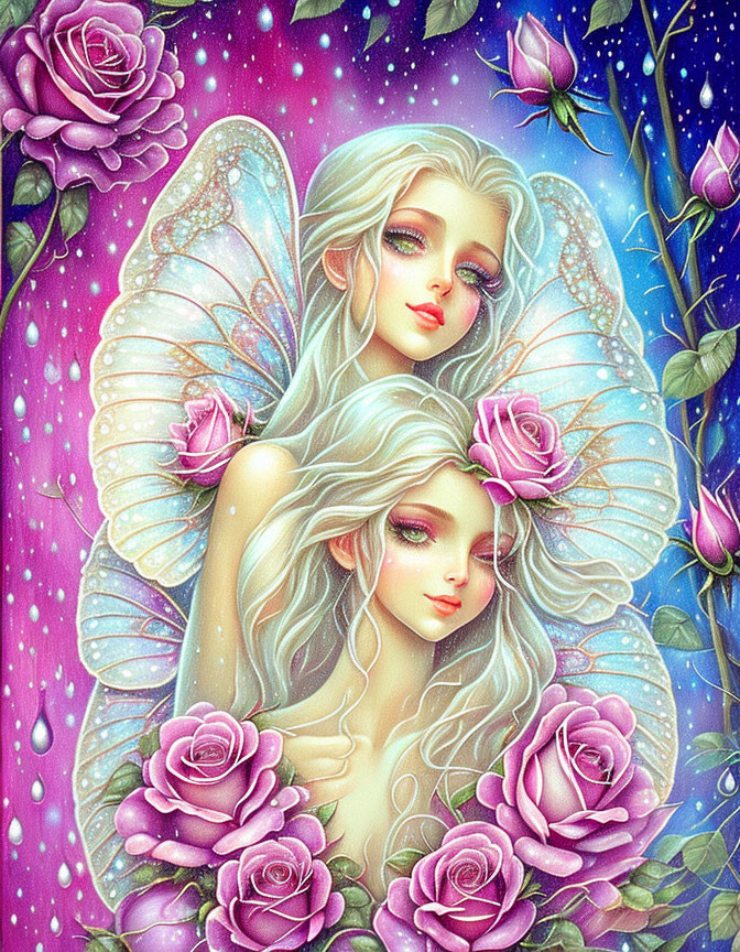 Ethereal fairies with butterfly wings among pink roses on purple background