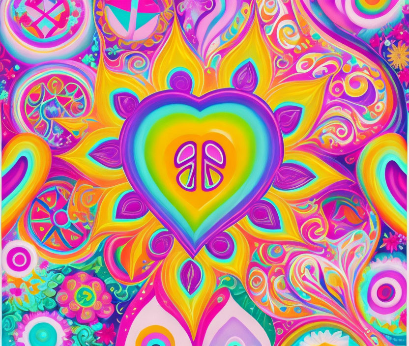 Colorful psychedelic heart with peace sign and 1960s swirls & flowers