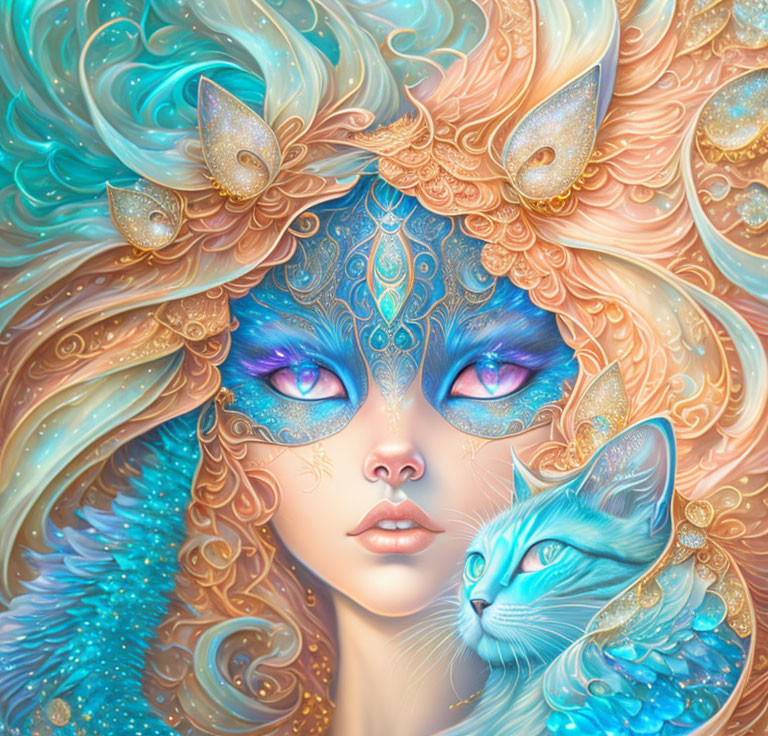 Fantasy illustration of woman with blue cat-like eyes and golden feline headpieces, accompanied by blue