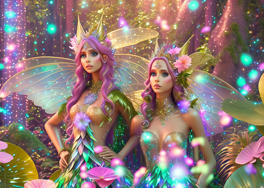 Colorful Fantasy Fairies in Enchanted Forest with Glowing Lights