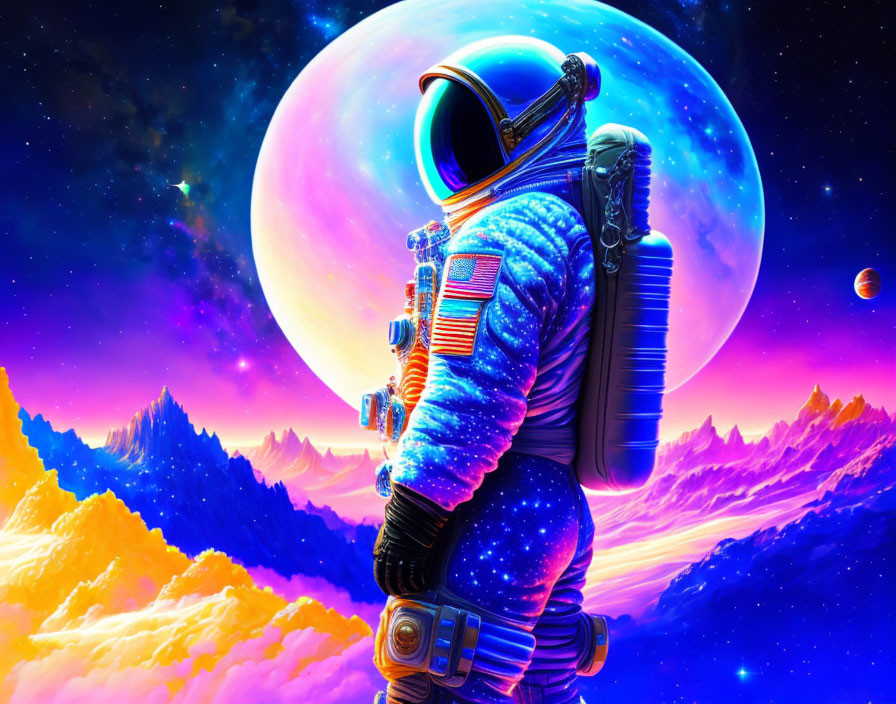 Colorful digital artwork: astronaut in alien landscape