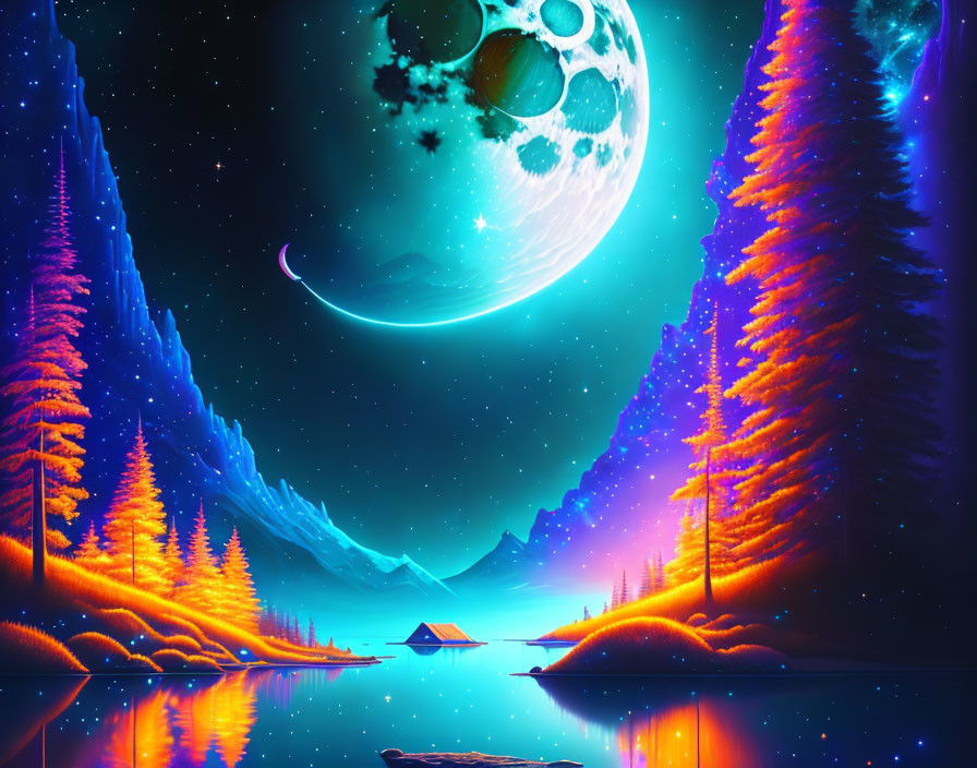 Neon-lit lakeside landscape with crescent moon & planets