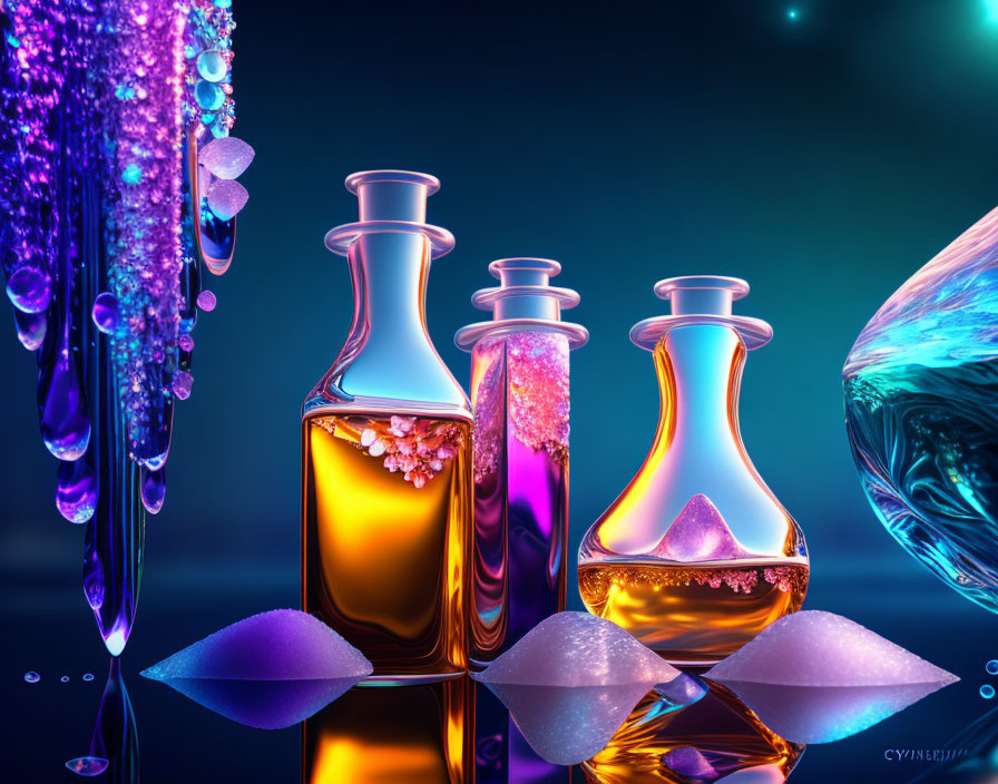 Glowing potion bottles with shimmering liquids, crystals, and petals on blue background