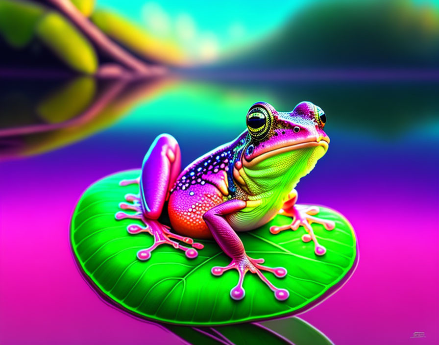 Vibrant frog on green leaf with colorful background