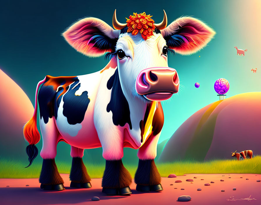 Colorful Stylized Cow Illustration with Whimsical Background