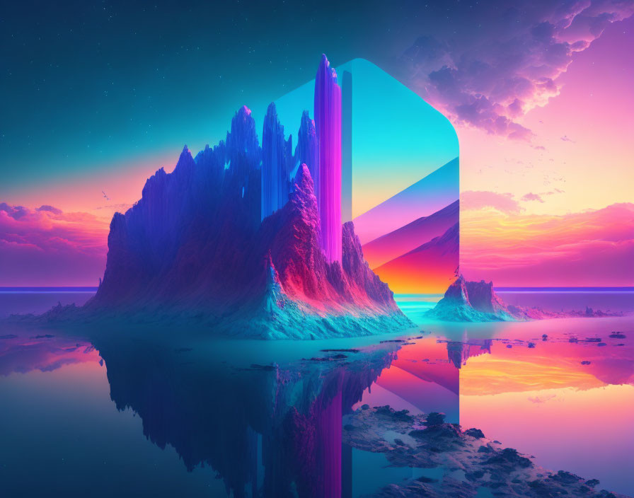 Vibrant surreal landscape with reflective mountains under starry sky and merging play button symbol.