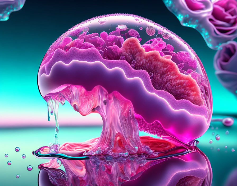 Abstract pink and purple jelly-like structure with flowing liquid on turquoise backdrop