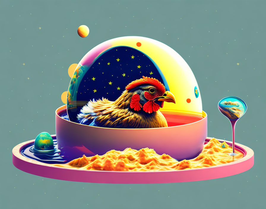 Colorful Space Habitat with Chicken and Planets on Teal Background