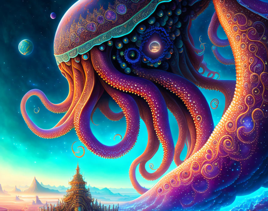 Colorful digital artwork of giant ornate octopus in alien landscape