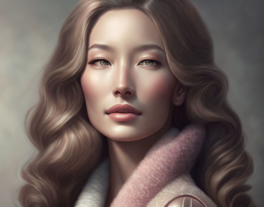 Woman with flowing wavy hair and pastel scarf in digital art