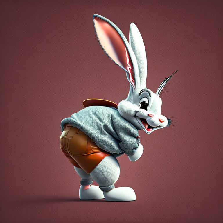 Anthropomorphic Grey Rabbit in Blue Sweater and Brown Pants on Pink Background