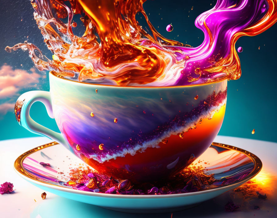 Vivid Orange and Purple Liquids Splashing from Teal Cup