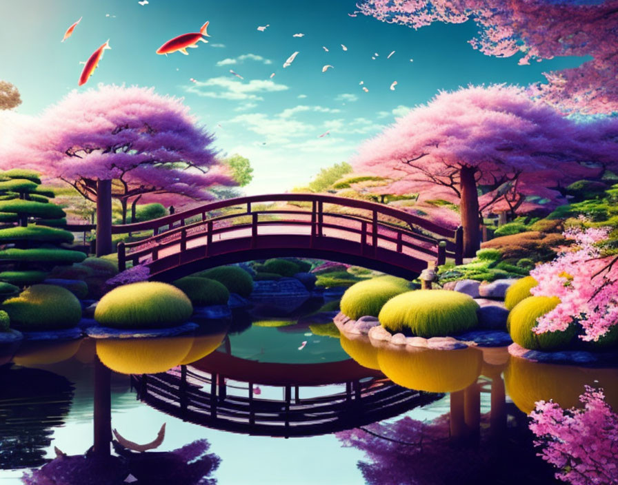 Tranquil landscape with wooden bridge, cherry blossoms, pond, and koi fish