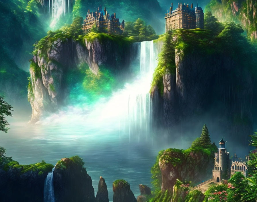 Majestic castles and twin waterfalls in lush fairytale landscape