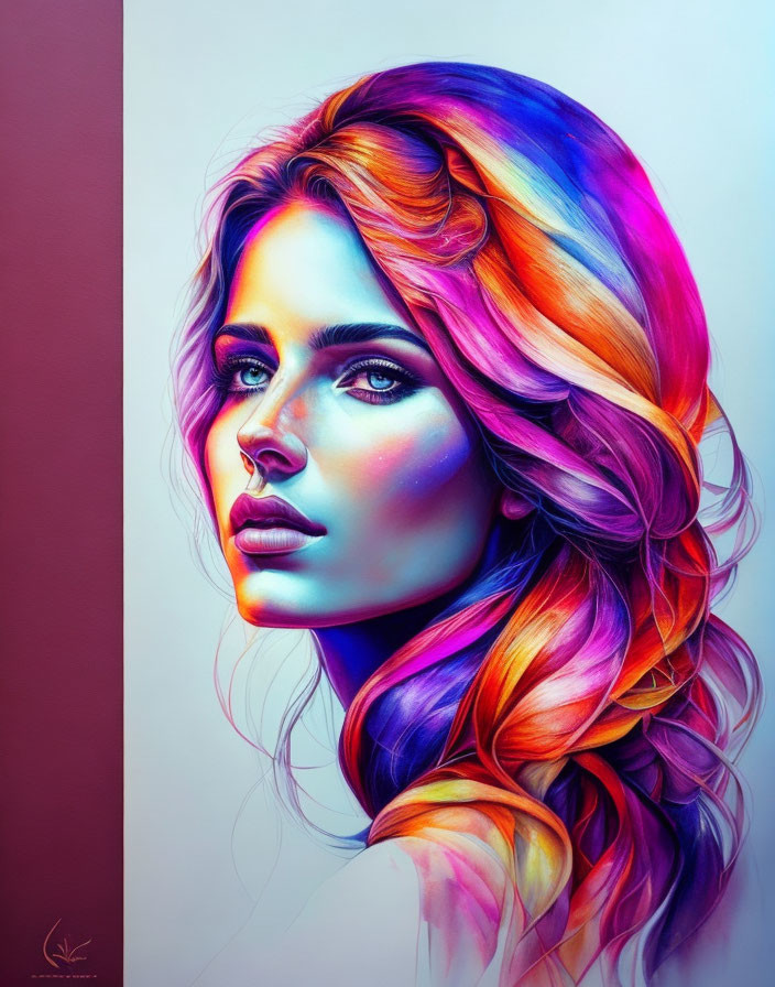 Colorful portrait of a woman with rainbow hair on pink backdrop