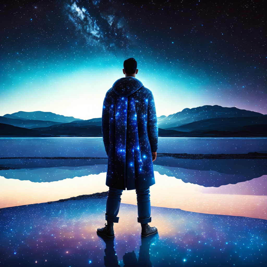 Silhouette of person blending with starry sky reflected in serene lake