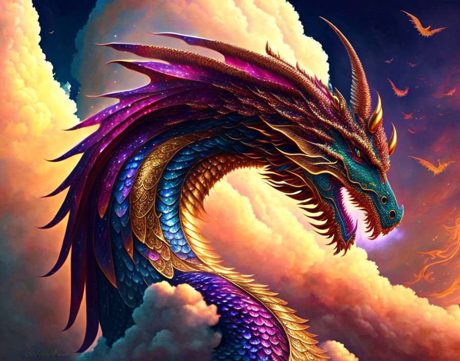 Colorful Purple and Blue Dragon in Orange Sky