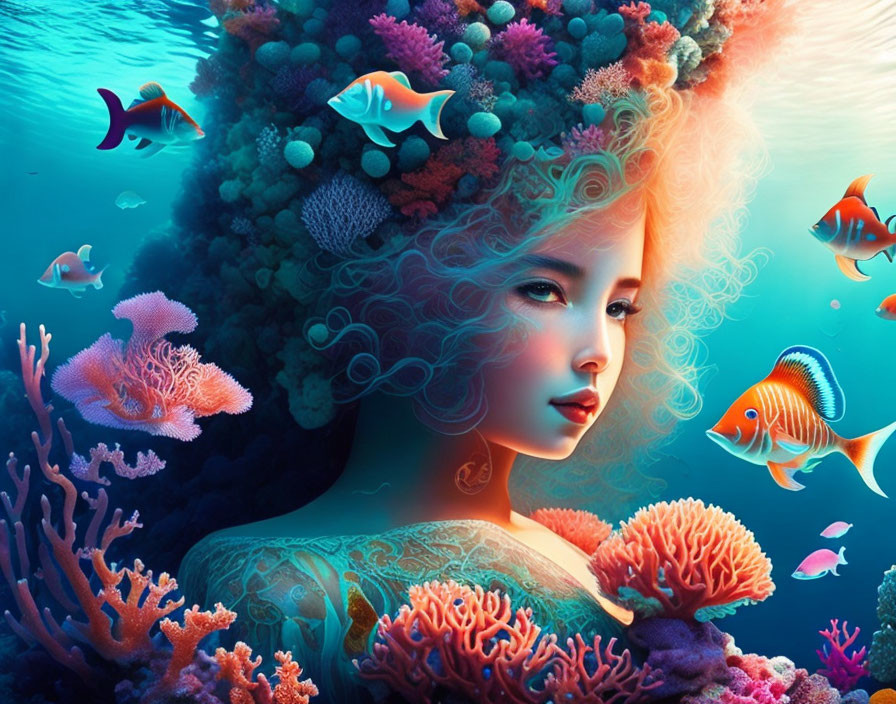 Vibrant coral and fish blend into woman's hair in surreal portrait