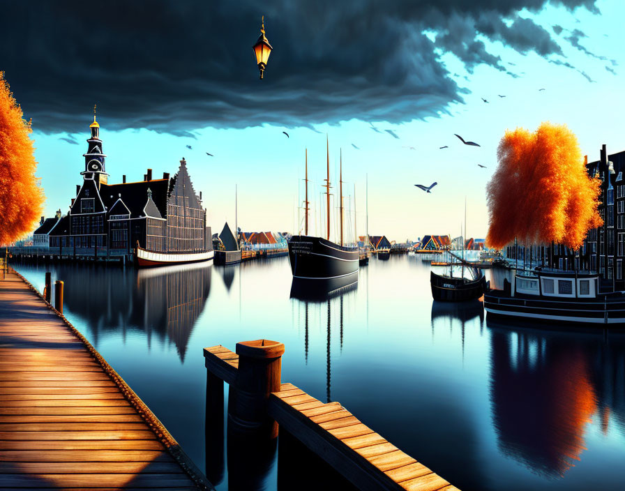 Harbor scene at dusk: sailing ships, autumn trees, old buildings, wooden pier, cloudy sky