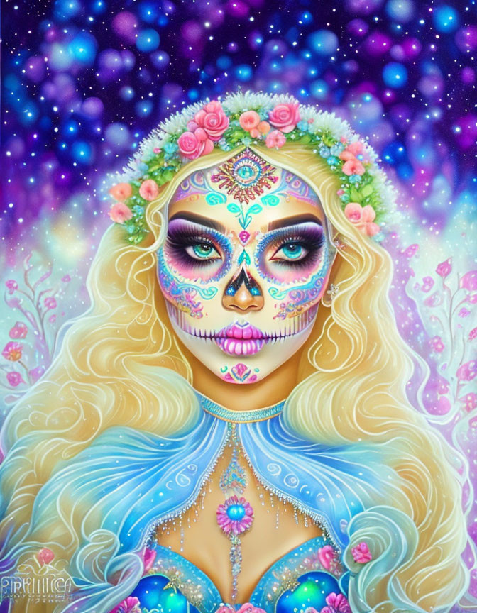 Elaborate Sugar Skull Makeup with Rose Crown in Fantasy Setting