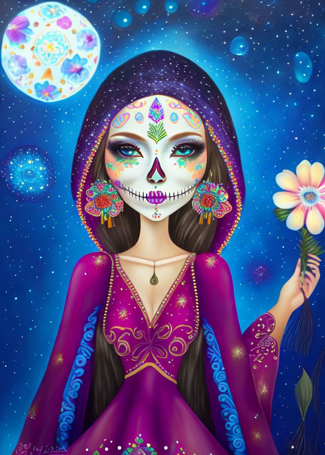 Woman with Day of the Dead makeup in purple dress under starry sky