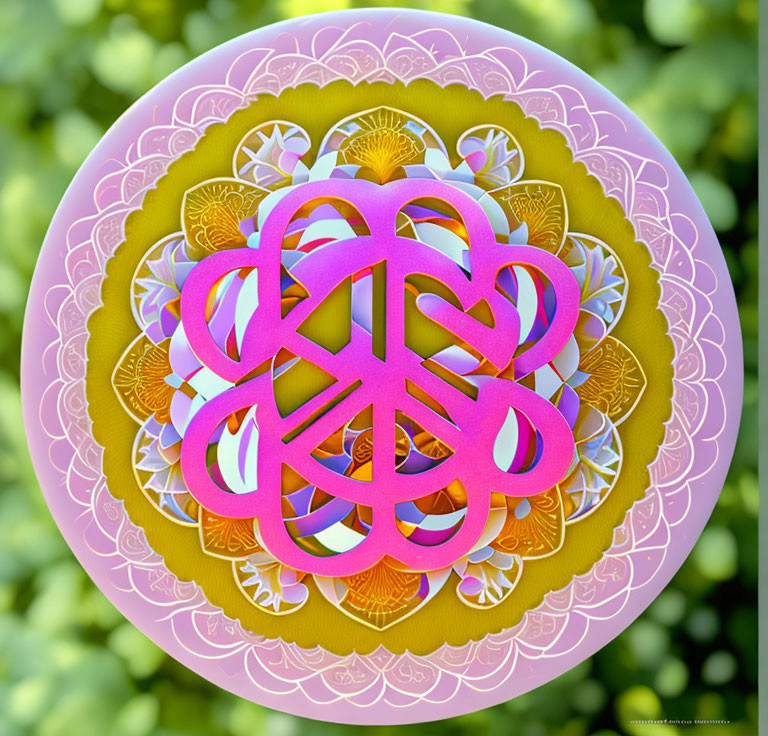 Colorful Pink and Yellow Mandala on Green Bokeh Background